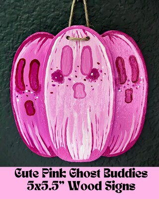 Pink Cute Ghost Buddies Wood Wall Signs | Cute Halloween Decor - image1